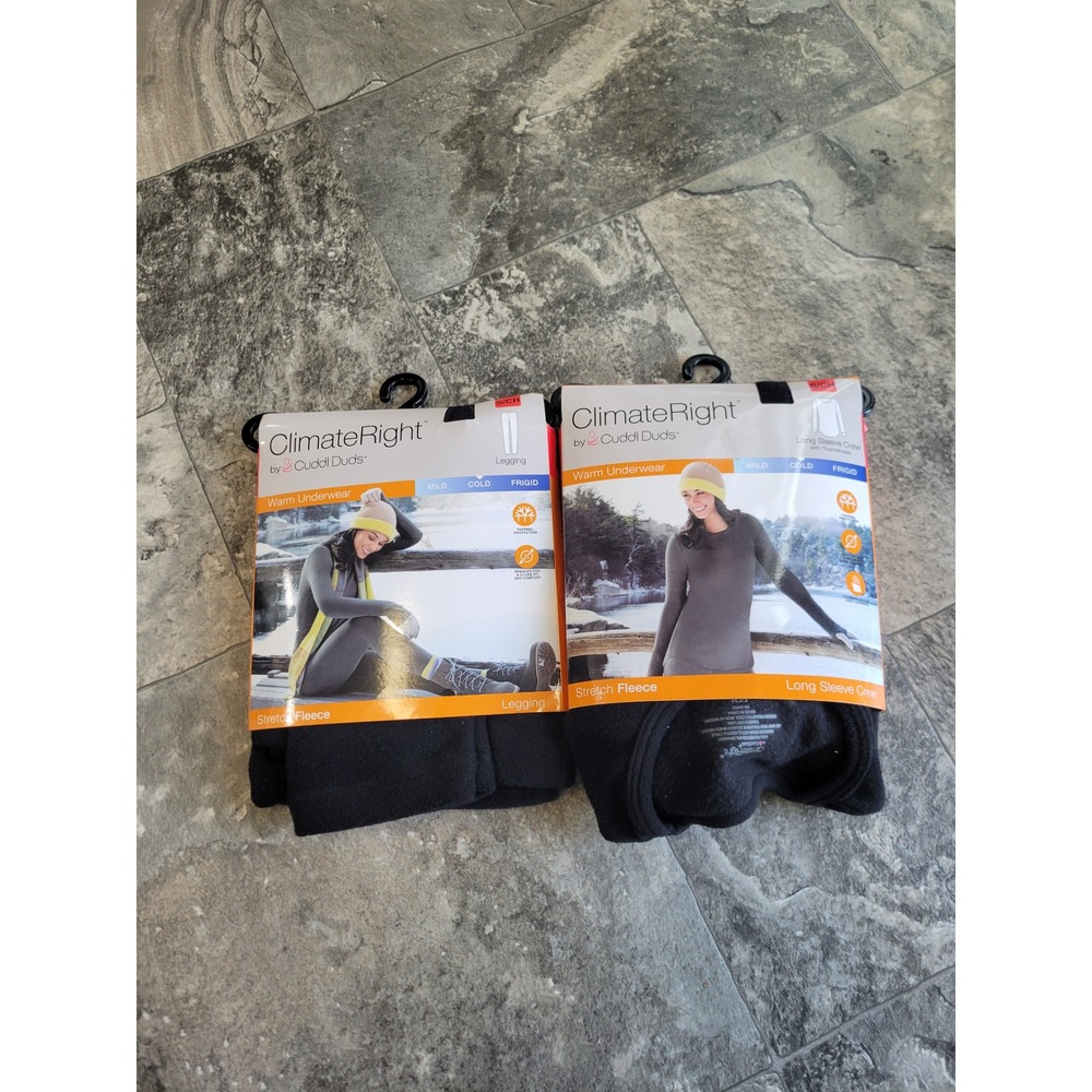 ClimateRight by Cuddl‎ Duds Thermal Set Black Stretch Fleece Top Leggings Small